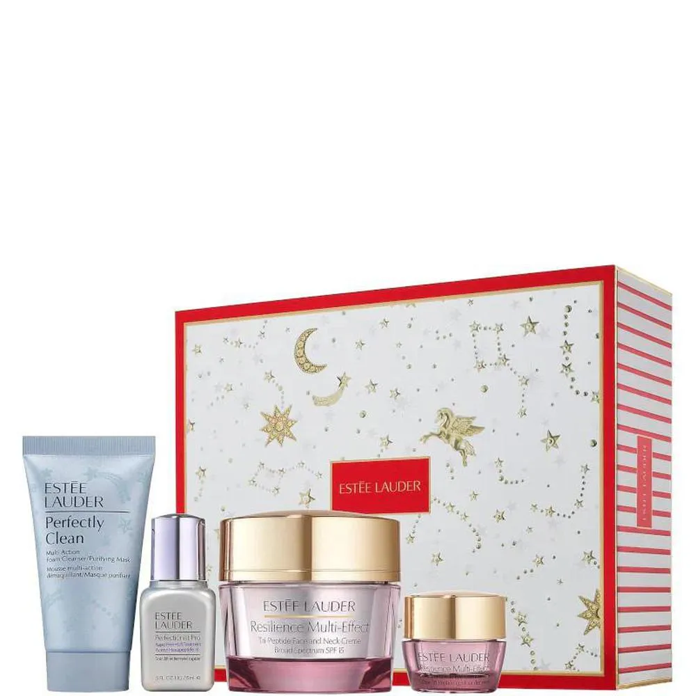 Crema multi-effetto viso e collo Resilience di Estée Lauder 50 ml, Crema contorno occhi 5 ml, Detergente 30 ml, Siero perfezionista 15 ml