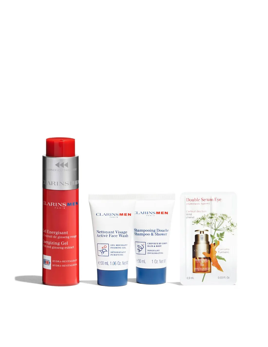 Set Clarins Men Energizing Gel 50 ml, Shampoo 30 ml, Detergente 30 ml
