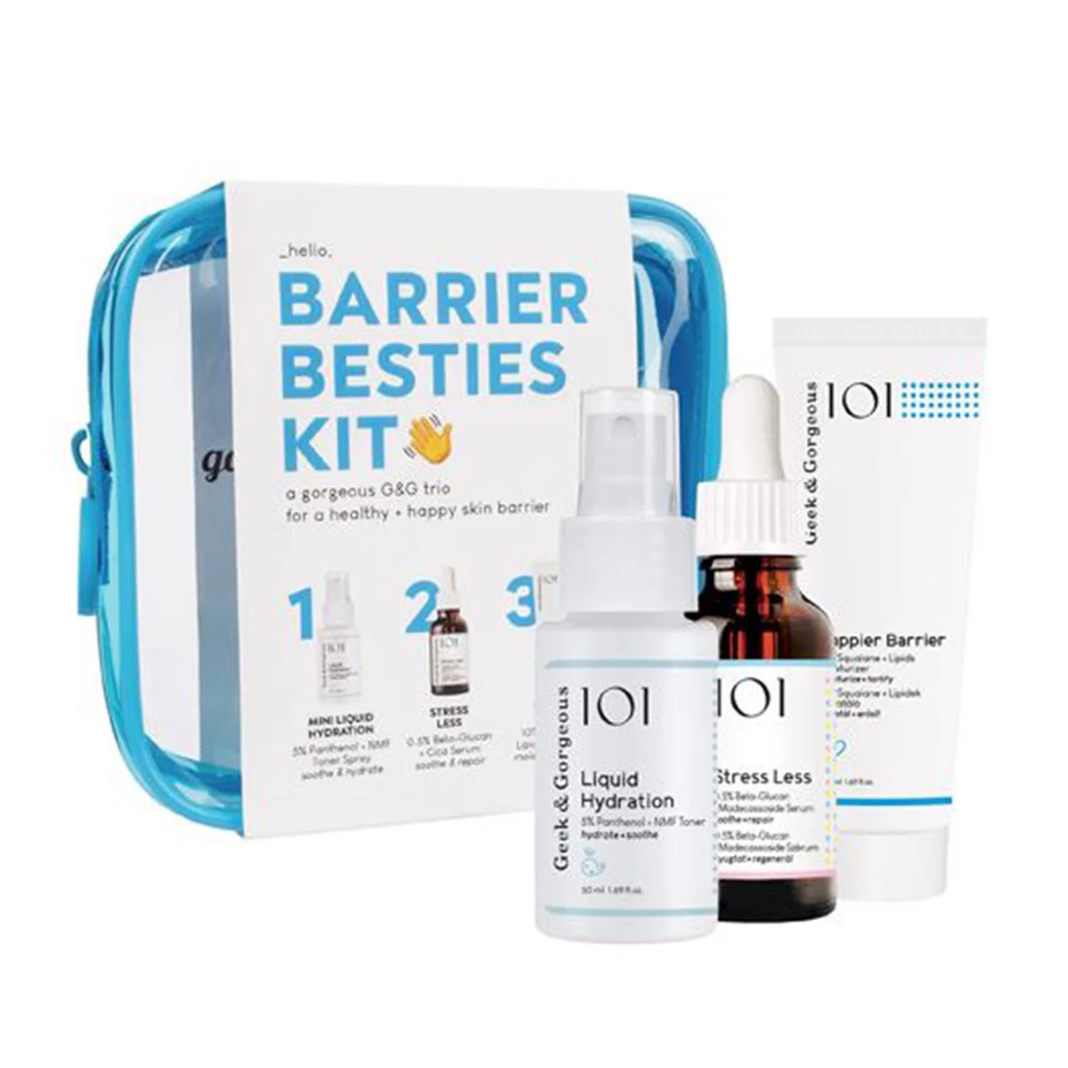 Geek e Gorgeous Geek Gorgeous Kit 101 Idratazione liquida 50 ml Crema Stress Less 30 ml Crema barriera Happier 50 ml