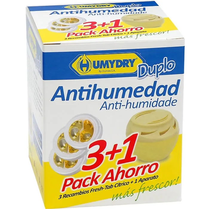 Humydry – Assorbiumidità profumato al limone, confezione da 3 ricariche + 1 dispositivo gratuito