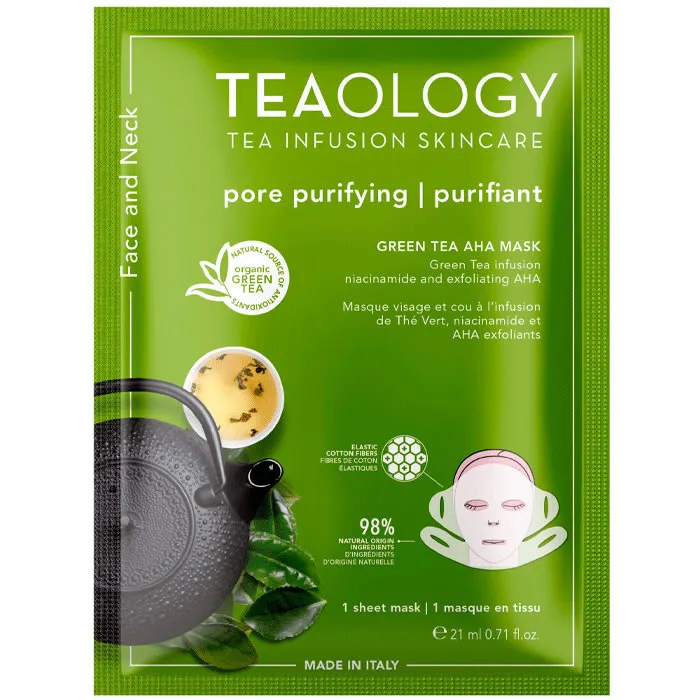 Teaology Maschera esfoliante per collo e viso al tè verde, niacinamide e Aha 21 ml