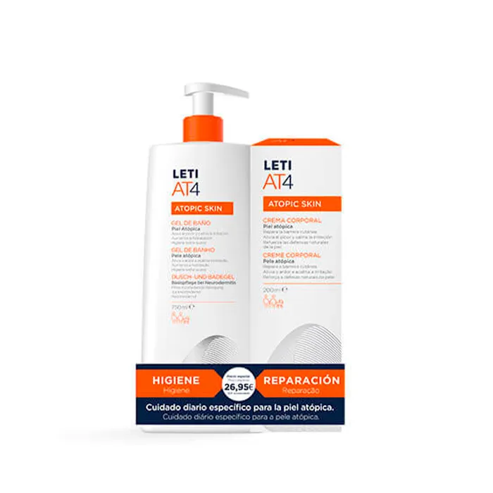 Leti AT4 Pack Gel da bagno per pelle atopica Dermograso 750 ml + Crema idratante 200 ml