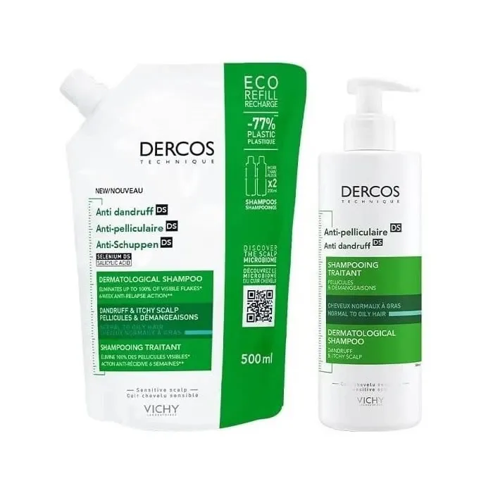 Vichy Dercos Shampoing Antipelliculaire Cheveux Normaux À Gras 390ml Lot de 2 Pièces